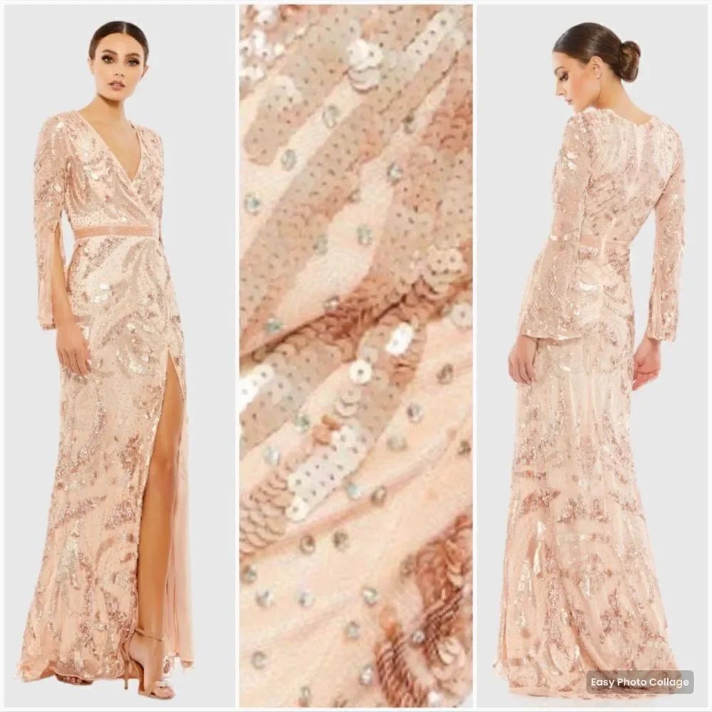 Mac Duggal 5222 Womens SEQUINED FAUX WRAP SPLIT LONG SLEEVE GOWN
